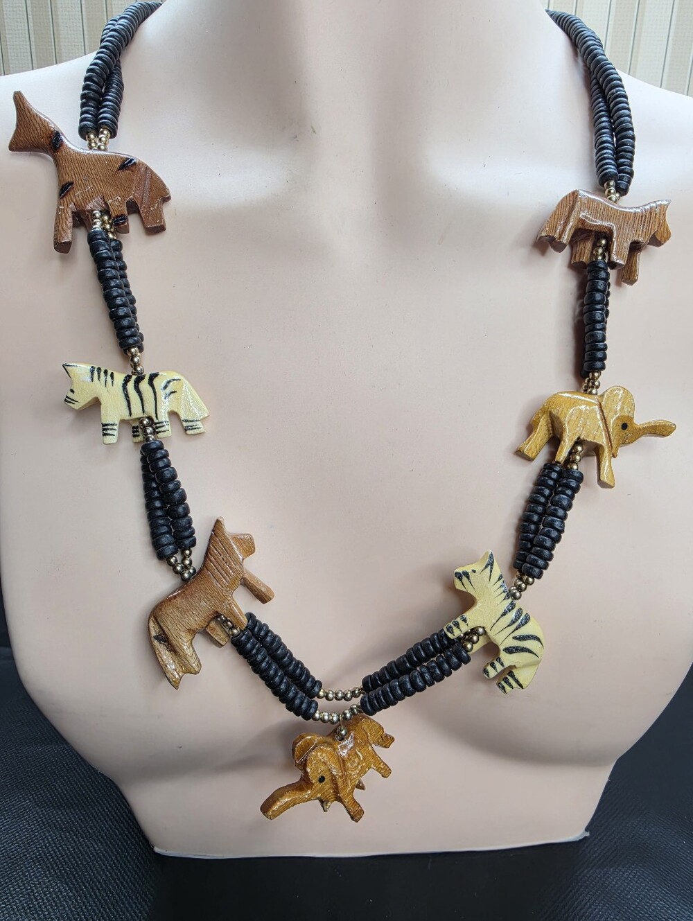 Safari Animal Wood Necklace • Hand-Carved Elephant Zebra Giraffe • 24"